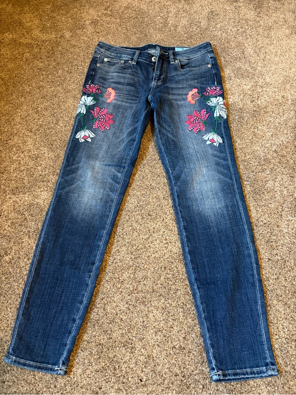 CeCe Dark Blue Skinny Jeans with Pink & White Floral Embroidery